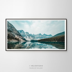 Panoramic Mountain Landscape reflecting in a Lake Wall Art. Brown, Blue, Green Mountain Range Surrounding a Pristine Lake Art Print Panorama