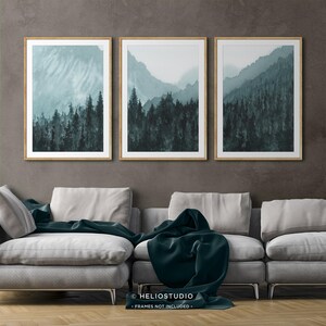 Set of Three Watercolor Forest Art Prints. 3 Piece Blue Mountain Forest ...