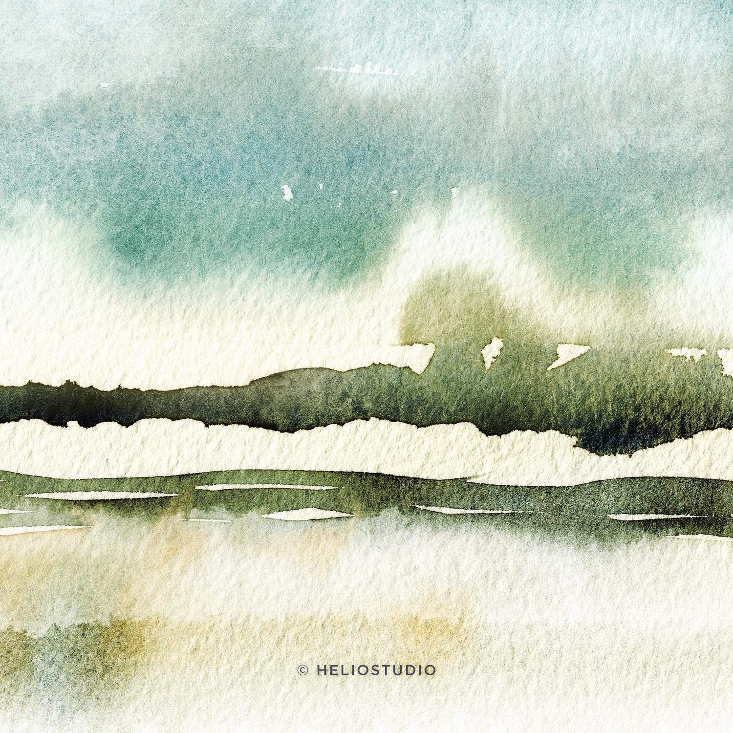 Blue Green Abstract Landscape Watercolor Print.panoramic