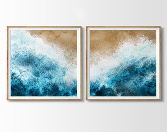 Two Piece Tropical Beach Watercolour. Set of 2 Ocean Waves in Turquoise, Navy and Indigo. Panoramic Coastal Landscape Watercolor Wall Art