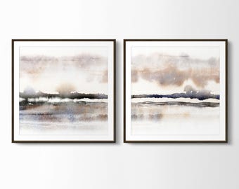 Set of 2 Abstract Savannah Wall Art, Misty Prairie Landscape Watercolour Painting Prints. Two Piece Large Panoramic Art, Brown, Beige