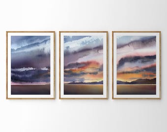Coastal Sunset Wall wall arts: Set of 3 Ocean Cloudscape Paintings