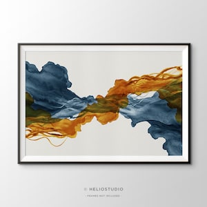 Burnt Orange and Slate Blue Abstract Art Print. Extra Large Contemporary Wall Art. Living Room. Terracotta and Blue Abstract Organic Cloud