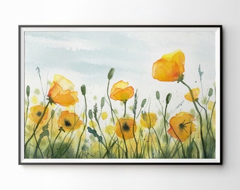 Yellow Poppy Meadow Watercolour Art Print. Yellow Wild Flower Field Watercolor Landscape, Extra Large Wall Art, Countryside Flower Field