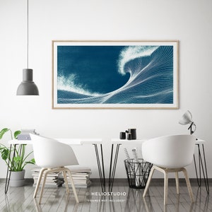 Panoramic Ocean Wave Wall Art in Blue and White. Woodcut Style Boho ...