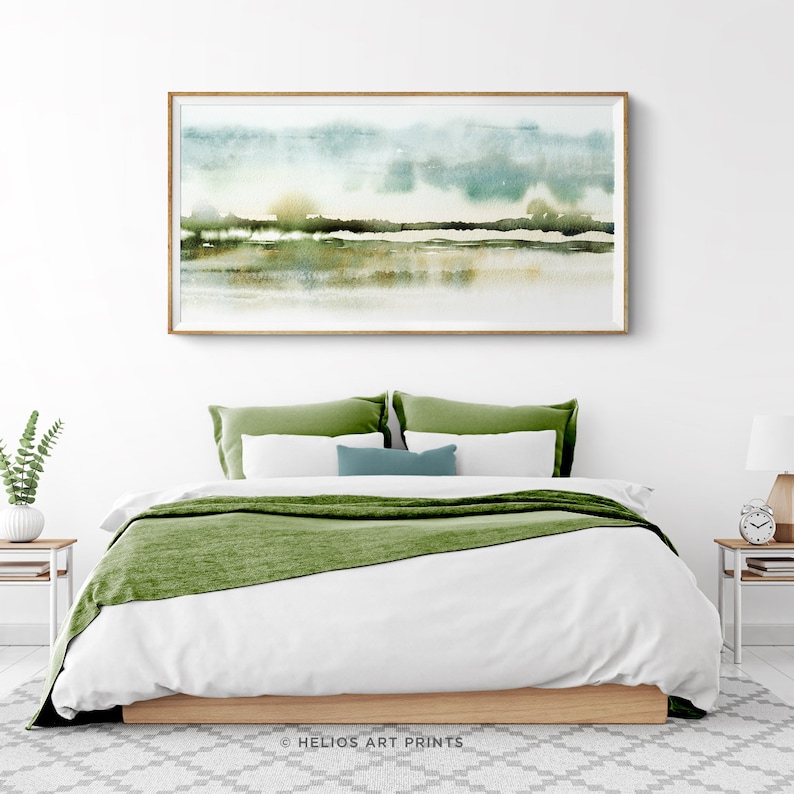 Blue Green Abstract Landscape Watercolor Print.Panoramic Watercolour Savannah Wall Art. Extra Large Grassland Panorama, Oversize Watercolor image 2