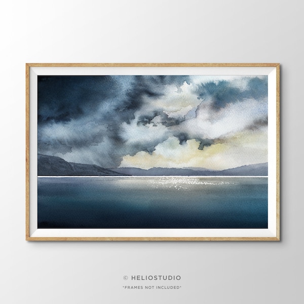 Coastal Landscape Watercolor Print. Abstract Stormy Cloudscape Watercolour Painting Wall Art.  Panoramic Cloudy Coastal Sunset Art Print