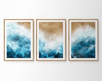 Tropical Beach Wall Art Set: Turquoise Ocean Wave Watercolor Prints