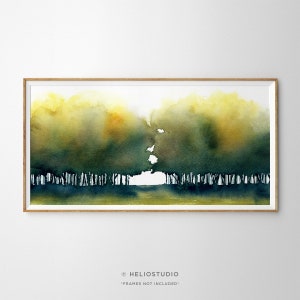 Panoramic Abstract Forest Watercolour Art Print. Dark Green, Gold, Yellow Trees. Extra Large Botanical Landscape Wall Art. Farmhouse Decor