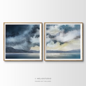 Set of Two Coastal Landscape Watercolor Prints. 2 Piece Stormy Ocean Cloudscape Watercolour Wall Art. Extra Large Wall Art Print Set