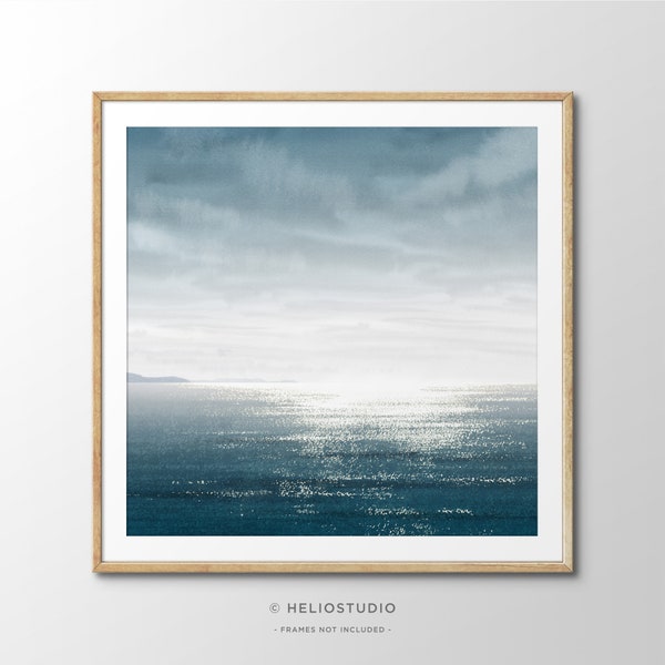 Sparkling Ocean Watercolor Wall Art. Large Coastal Art Print. Sparkling Sunlight Seascape with Soft Blue Sky 20x20" 40x40" Beach House Decor