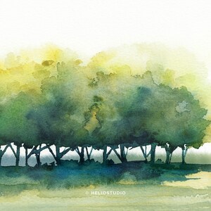 Pode incluir: Pintura em aquarela de uma fileira de &aacute;rvores em tons de verde e amarelo. As &aacute;rvores est&atilde;o silhuetas contra um fundo branco.