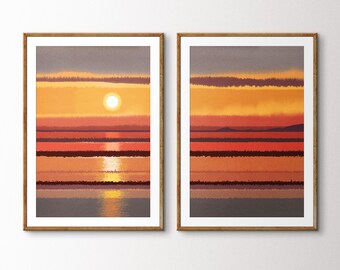 Coastal Sunset Wall Art Set: Golden Sunrise Beach House Decor (A1 A2)