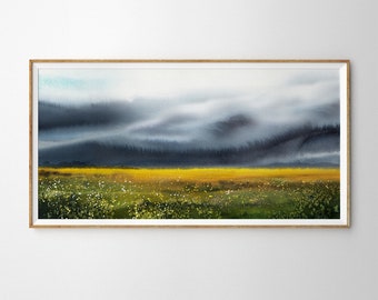 Panoramic Prairie Landscape Wall Art. Wild Flower Savannah Print, Extra Large Grasslands Wall Art, Storm Clouds, farmhouse decor, Rustic Art