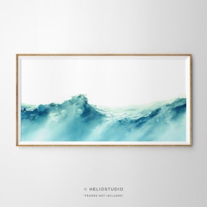 Panoramic Turquoise Ocean Wave Watercolour Art Print. Tropical Waters Edge Watercolor Panorama. Extra Large Beach House Panorama Print