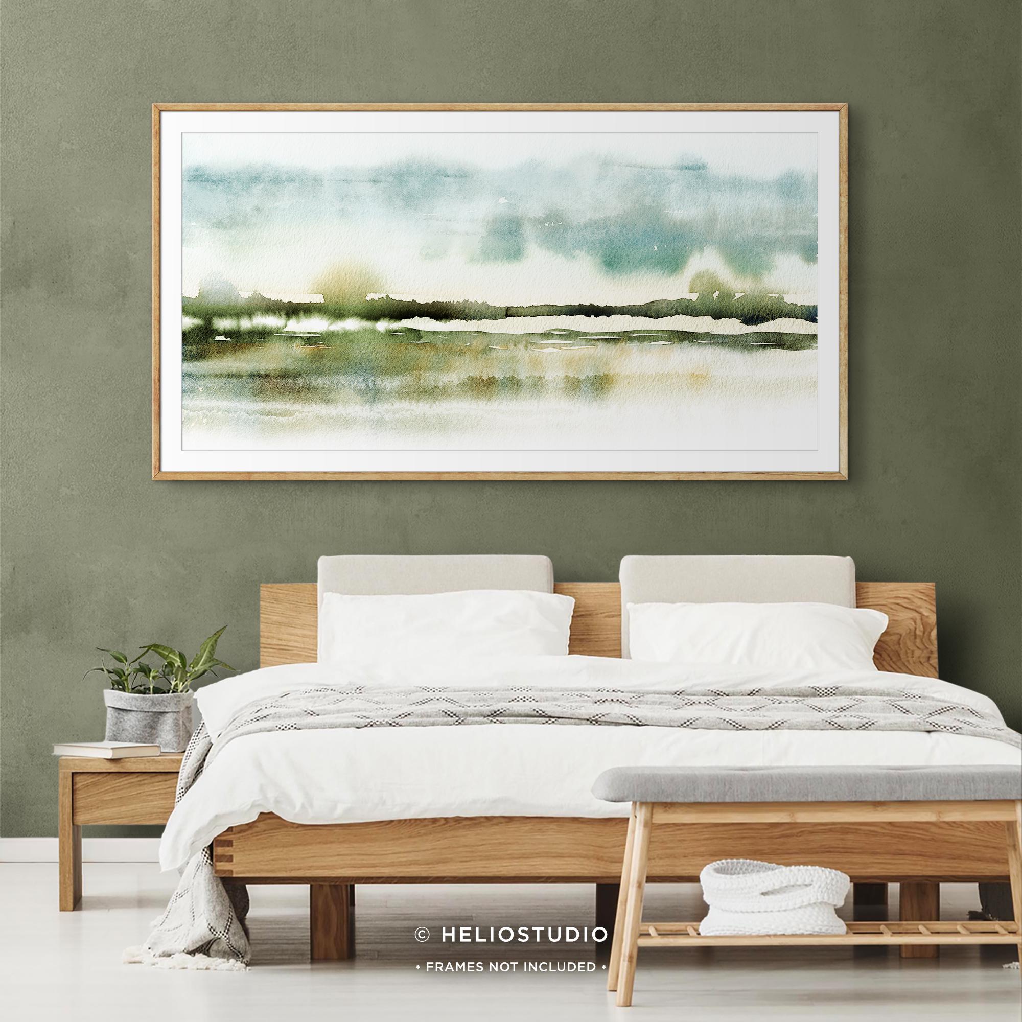 Blue Green Abstract Landscape Watercolor Print.panoramic