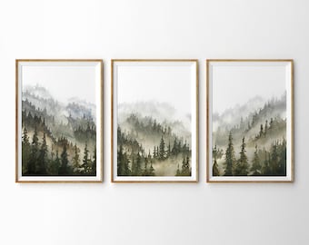 Misty Alpine Forest wall arts: Watercolor Mountain Landscape Set