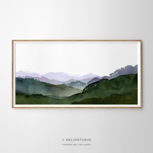 Green Forested Mountain Valley Panoramic Watercolour Art Print. Misty Purple Mountain Large Watercolor Painting. Extra Large Panorama Print