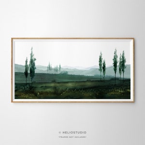 Panoramic Blue Green Mountain Valley Watercolour Art Print. Misty Hilltop Trees Watercolor Landscape Painting. Extra Large Panorama Print