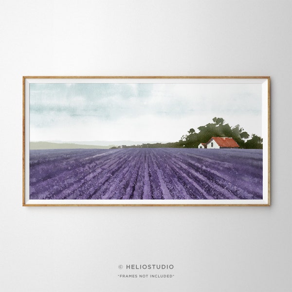 Panoramic Lavender Field Watercolor Wall Art. Heather Field Farm House Valley Trees Panorama Art. Extra Large Purple Green Botanical Print