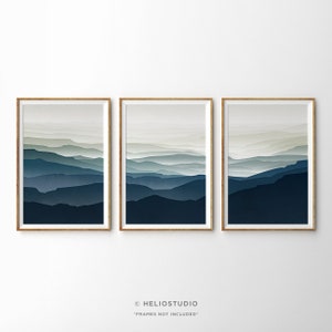 Set Of Three Midcentury Blue Mountain Landscape Prints. 3 Piece Endless Valley Hills Wall Art. Misty Mountain Valley in Blues and Greens