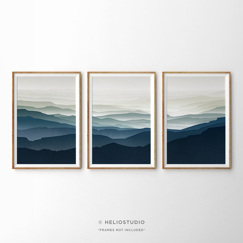 Set Of Three Midcentury Blue Mountain Landscape Prints. 3 Piece Endless Valley Hills Wall Art. Misty Mountain Valley in Blues and Greens image 1