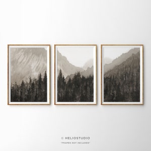 Set Of 3 Mountain Forest Watercolor Wall Art. Three Piece Mountain Panorama Watercolour Prints. Extra Large Mountain Landscape Art Print