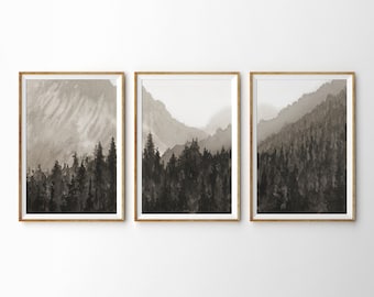 Set Of 3 Mountain Forest Watercolor Wall Art. Three Piece Mountain Panorama Watercolour Prints. Extra Large Mountain Landscape Art Print