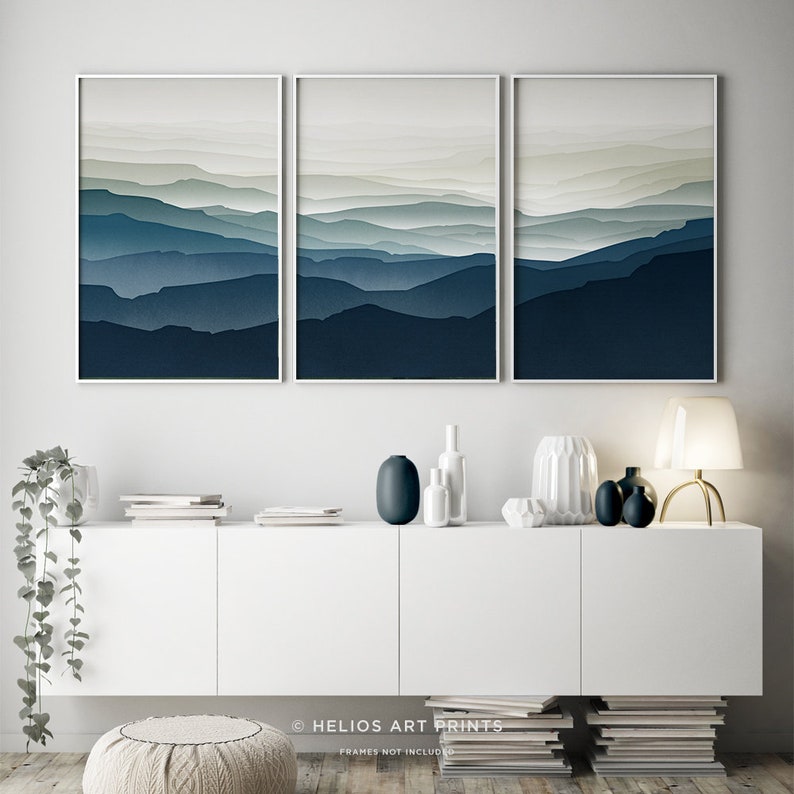 Set Of Three Midcentury Blue Mountain Landscape Prints. 3 Piece Endless Valley Hills Wall Art. Misty Mountain Valley in Blues and Greens image 7