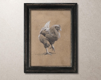 Farm Hen Chicken Sketch Print, Watercolour Charcoal Pen Illustration, Farmhouse Wall Art