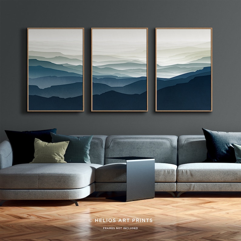 Set Of Three Midcentury Blue Mountain Landscape Prints. 3 Piece Endless Valley Hills Wall Art. Misty Mountain Valley in Blues and Greens image 6