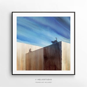 Mediterranean Cat Large Watercolour Print. Greek Island Architecture Conceptual Cat Shadow Wall Art. Extra Large Blue Sky Rustic Island Art