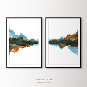 Abstract Landscape Art Prints: Blue, Copper Watercolor Set