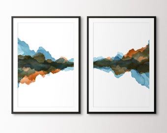 Conjunto de quadros abstratos com paisagens em aquarela nas cores azul e cobre.