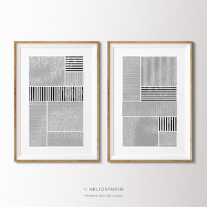 Set Of 2 Abstract Geometric Graphic Prints, Two Piece Black And White Minimalist Scandinavian Contemporary Wall Art Prints