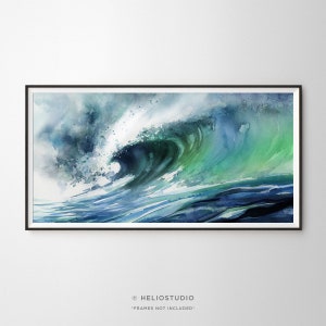 Panoramic Ocean Wave Watercolor Print. Big Tropical Crashing Surf Watercolour Wall Art, Blue Green Coastal Landscape, Large Beach House Art
