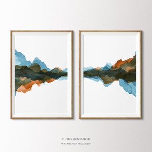 Teal And Copper Abstract Minimalist Landscape Watercolor Art Prints. Rust And Blue Watercolour Painting. Set Of Two Prints. 2 Piece Wall Art