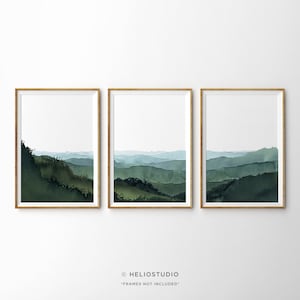 Set Of Three Blue Green Misty Valley Watercolour Painting Prints, 3 Piece Morning Rolling Hills, Panoramic Abstract Watercolor Wall Art.