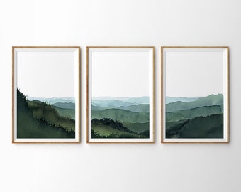 Set Of Three Blue Green Misty Valley Watercolour Painting Prints, 3 Piece Morning Rolling Hills, Panoramic Abstract Watercolor Wall Art.