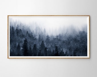 Misty Forest Watercolor Print: Indigo Blue Mountain Panorama
