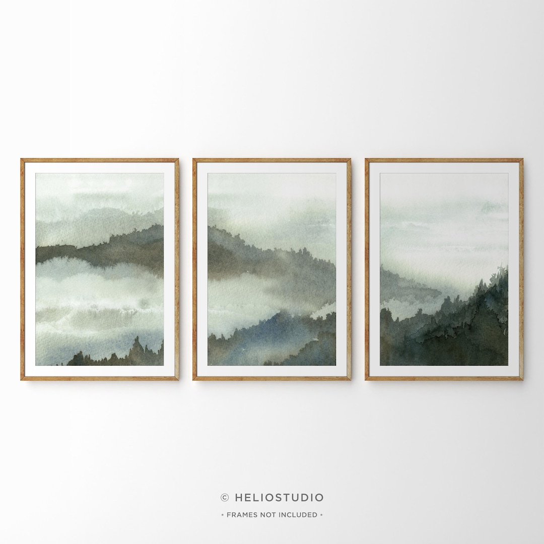 Set of Three Green Misty Mountain Forest Watercolour Prints. 3 Piece ...