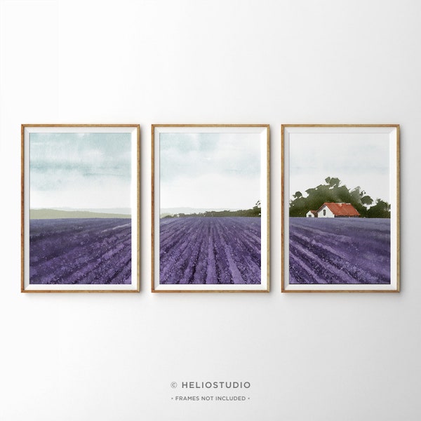 Three Piece Panoramic Lavender Field Watercolor Wall Art. Set of 3 Heather Field Farmhouse Valley Extra Large Purple Green Botanical Print.