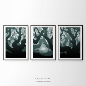 Arte mural de 3 piezas con un bosque al anochecer. Aves, ciervo, cierva, cervatillo y ardilla. Lámina artística azul frío con un místico atardecer en el bosque. Árboles gigantescos al anochecer.