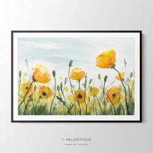 Yellow Poppy Meadow Watercolour Art Print. Yellow Wild Flower Field Watercolor Landscape, Extra Large Wall Art, Countryside Flower Field
