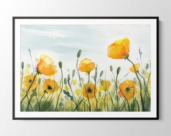 Yellow Poppy Meadow Watercolour wall art. Yellow Wild Flower Field Watercolor Landscape, Extra Large Wall Art, Countryside Flower Field