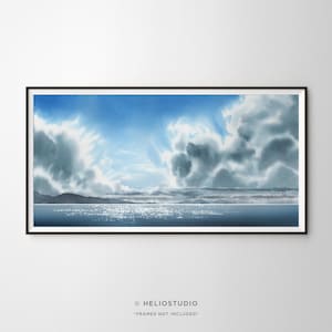 Panoramic Coastal Landscape Watercolor Art Print. Cloudy Coastline Ocean Watercolour Wall Art. Extra Large Panoramic Beach House Art Print