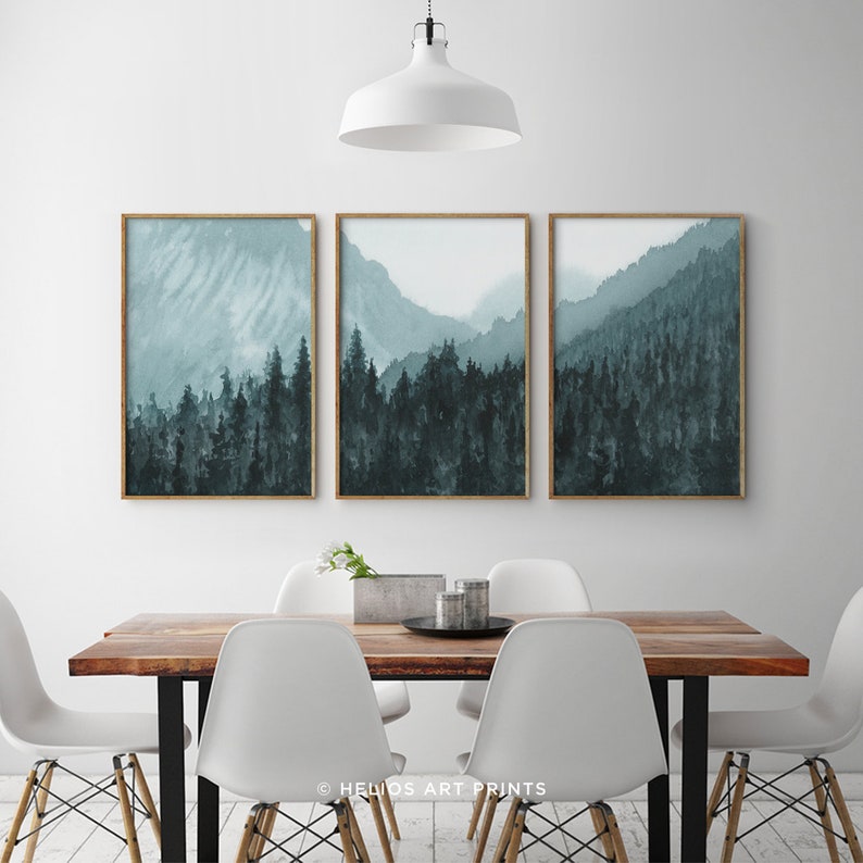 Set Of Three Watercolor Forest Art Prints. 3 Piece Blue Mountain Forest Wall Art, Extra Large Mountain Forest Watercolor Panoramic Print image 6