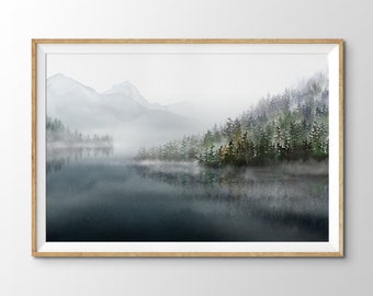 Misty Forested Mountain Lake Art Print. Extra Large Watercolour Wall Art. Deep Green Forest, Misty Indigo Blue Lake Reflection Log Cabin Art