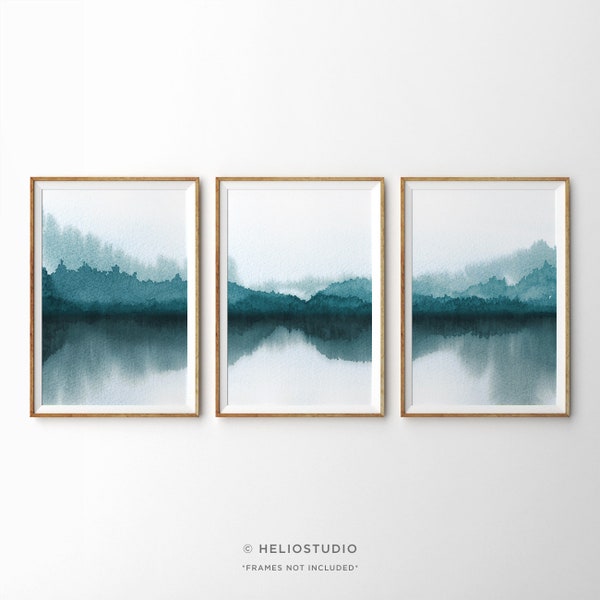Three Piece Blue Forest Lake Watercolor Prints Set, 3 Piece Forested Lake Panoramic Wall Art, Extra Large Rustic Watercolor Landscape Set
