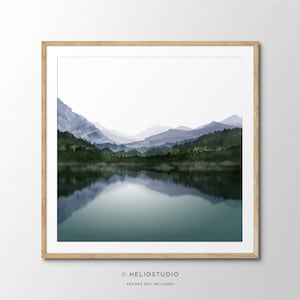 Mountain Forest Lake Watercolor Wall Art. Large Print. Misty Mountain Valley Reflection Art Print. 20x20" 40x40" Purple Hills Green Forest